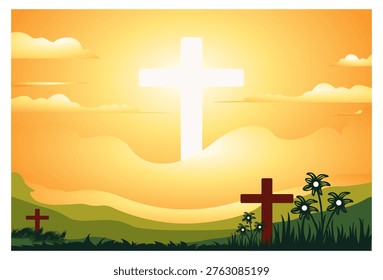 This vector illustration depicts three wooden crosses atop a green, flower-filled hill, with the silhouette of a giant white cross shining brightly behind the clouds. The golden-yellow gradient sky background creates a peaceful, religious, and hopeful atmosphere. Perfect for Easter, Good Friday, or any Christian spiritual message.