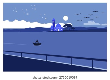 Esta Ilustración vectorial representa una tranquila escena nocturna con un toque islámico. El esquema de color azul predominante crea una impresión pacífica, fresca y misteriosa. Este paisaje religioso nocturno cuenta con una mezquita como pieza central en el borde del agua. Una mezquita con una cúpula azul brillante y un minarete se encuentra orgullosa en la orilla, sus luces se atenúan suavemente. Un barco navega tranquilamente a través del agua, dejando un rastro de luz. El cielo nocturno está adornado con una luna llena y algunas estrellas Pequeñas. Las nubes blancas flotan suavemente y se pueden ver pájaros volando a lo lejos. En el horizonte se ve una débil costa o cordillera, lo que agrega profundidad al paisaje. El estilo simple y minimalista de esta Ilustración vectorial, combinado con una paleta de colores azul monocromático, crea una estética moderna y limpia. El ambiente es tranquilo, tranquilo y contemplativo, perfecto para temas como el Ramadán, Eid al-Fitr o la tranquilidad de la noche.
