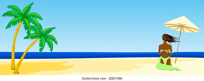 This vector illustration depicts a tropical beach with a panoramic girl from behind near a beach umbrella