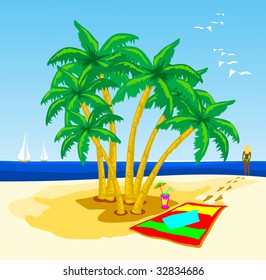 This vector illustration depicts a tropical beach with palm trees and a girl who is close to water