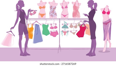 This vector illustration depicts two women shopping for swimwear or lingerie in a modern retail store. The scene is rendered in a stylish silhouette art style with a limited color palette, creating a clean and contemporary fashion aesthetic. The illustration represents fashion retail, consumer lifestyle, and the shopping experience.