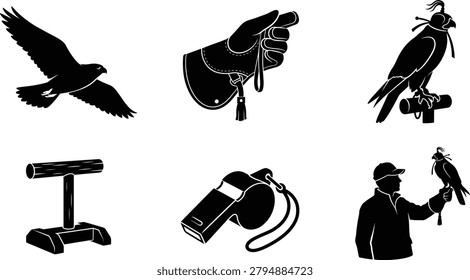 This vector illustration depicts various elements of falconry, including a flying hawk, a hooded falcon perched, a gloved hand, a falconer, a perch, and a whistle.