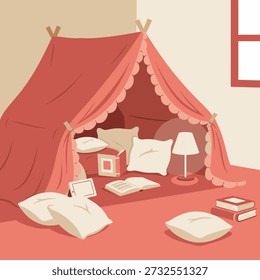 This vector illustration depicts a warm and inviting indoor blanket fort or tent, designed as a perfect winter reading nook. Rendered in a flat vector style, the artwork uses a cozy, monochromatic palette of deep red, terracotta, and soft cream, creating a sense of comfort, privacy, and seasonal hygge.

