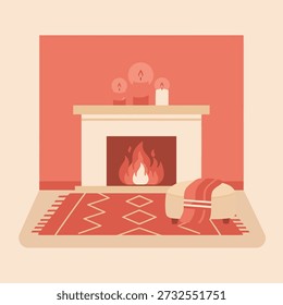 Esta ilustração vetorial retrata uma cena interior acolhedora e convidativa centrada em torno de uma lareira minimalista, renderizada em um estilo vetorial plano moderno. A paleta de cores usa terracota vermelha e creme para criar uma atmosfera confortável e tranquila perfeita para interiores acolhedores ou designs sazonais.
