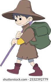 This vector illustration depicts a young boy dressed as an explorer, wearing a wide brimmed hat, a brown cloak, and carrying a green backpack with a walking stick