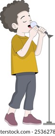 This vector illustration depicts a young boy standing confidently while singing into a microphone, dressed in a casual outfit with a joyful expression