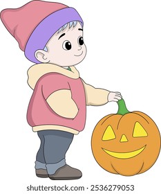 This vector illustration depicts a young child in cozy winter clothing, including a beanie and jacket, standing beside a cheerful Halloween pumpkin with a carved smile