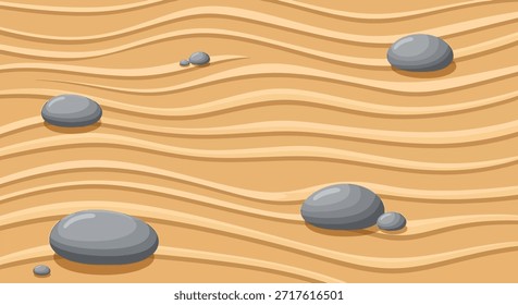 Esta ilustração vetorial retrata um jardim zen, apresentando uma superfície de areia lisa com padrões ondulados raked. Várias pedras suaves e cinzentas estão espalhadas pela areia, criando uma sensação de equilíbrio,