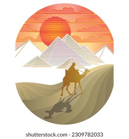 This vector illustration design, beautiful sunshine on the pyramid complex. Beautiful design with desert line art and colors.  Suitable for all objects.  For clothes and logos are also suitable.