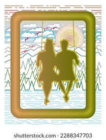 this vector illustration design,a couple in love enjoying nature .unique in frame designs combine with nature in line art.