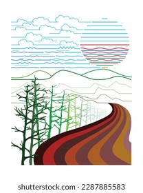 este diseño de ilustración vectorial,carretera de campo con vista de montaña.buen diseño con paisaje natural hermoso paisaje de campo.