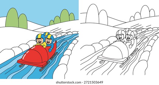 Diese Vektorgrafik ist als lehrreiche Malvorlage konzipiert. Es verfügt über eine Winter-Bobszene mit zwei fröhlichen Charakteren, die eine Strecke hinunterrennen, in einem geteilten Layout, das sowohl eine vollfarbige Referenz als auch eine saubere schwarz-weiße Umrisslinie bietet.