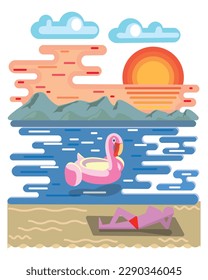this vector illustration design,sun bathing in the beautiful sunshine beach.it's good design siutable for anyone who love holiday,love beach,love nature.