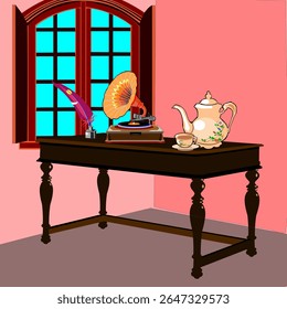 This is a vector illustration of a desk near a window. On the desk, there is a gramophone, a quill pen, and a ceramic kettle with a cup.