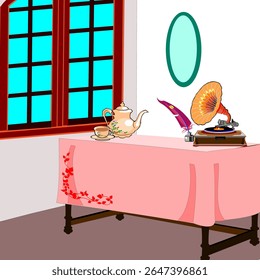 This is a vector illustration of a desk near a window. On the desk, there is a gramophone, a quill pen, and a ceramic kettle with a cup.