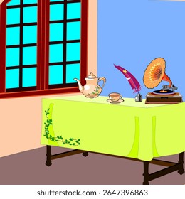 This is a vector illustration of a desk near a window. On the desk, there is a gramophone, a quill pen, and a ceramic kettle with a cup.