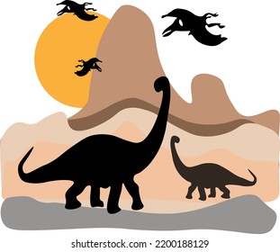 this vector illustration determine that jurassic period of the word in the past .many kinds of dinosaurs with moon and mountain environment