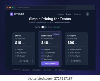This vector illustration displays a clear pricing chart for teams, showing monthly and yearly options. Plans include starter, professional, and enterprise levels with respective features.