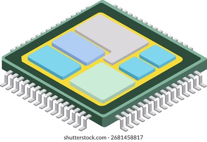 This vector illustration displays a CPU with distinct colored components.