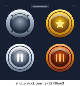This vector illustration displays four game buttons in different colors including silver, gold, and orange. Each button features unique designs suitable for gaming applications.
