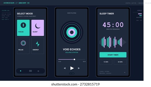 This vector illustration displays a futuristic dark mode user interface for an ambient soundscape application.