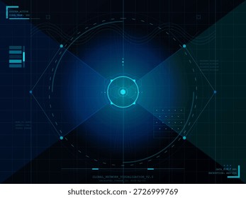 This vector illustration displays a global network visualization with a central focus, emphasizing technology and connectivity through geometric shapes and lines.