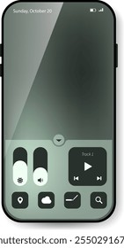 This vector illustration displays a modern smartphone interface featuring a sleek control center with minimalist widgets