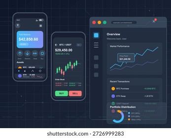 Esta ilustração vetorial exibe várias telas de uma plataforma de negociação criptomoeda.