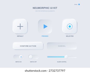 Diese Vektorgrafik zeigt ein pneumorphes Benutzeroberflächen-Kit mit Schaltflächen für Aktionen wie Hinzufügen, Abspielen und Bestätigen. Ideal für UI-Design und Webentwicklung.