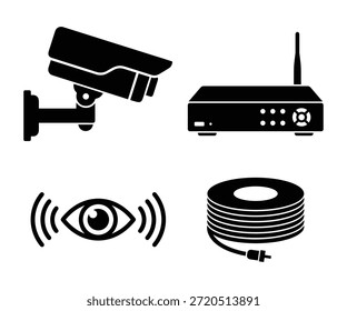 Esta Ilustración vectorial muestra el equipo del sistema de seguridad, incluida una cámara de vigilancia, un enrutador de red, un ojo de monitoreo remoto y una bobina de cable.