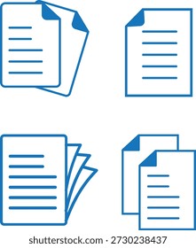 This vector illustration displays a set of four distinct blue line art icons illustrating various configurations of paper documents and digital files. The collection features icons showing single pages, stacked papers, overlapping sheets with curled corners, and a fanned-out presentation of multiple records. These symbols are ideal for representing data management, file organization, reporting, contracts, or general digital storage needs in a clean, minimalist style suitable for web and print projects. The consistent blue outline provides clear visual communication for essential document-related functions.