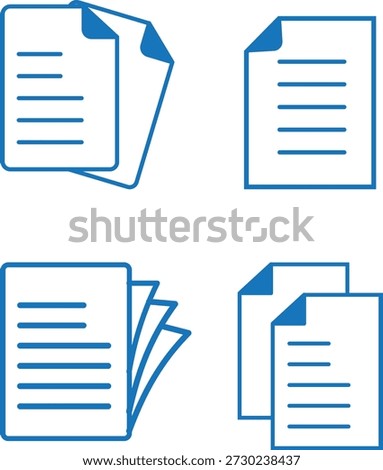 This vector illustration displays a set of four distinct blue line art icons illustrating various configurations of paper documents and digital files. The collection features icons showing single pages, stacked papers, overlapping sheets with curled corners, and a fanned-out presentation of multiple records. These symbols are ideal for representing data management, file organization, reporting, contracts, or general digital storage needs in a clean, minimalist style suitable for web and print projects. The consistent blue outline provides clear visual communication for essential document-related functions.