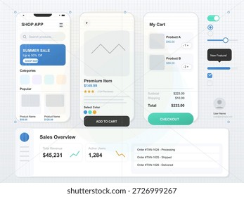 Esta ilustração vetorial exibe uma interface de aplicativo de compras com um resumo do carrinho, detalhes do produto e visão geral de vendas. Destaca uma venda de verão e um item premium.