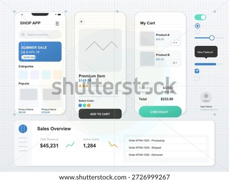 This vector illustration displays a shopping app interface featuring a cart summary, product details, and sales overview. It highlights a summer sale and a premium item.