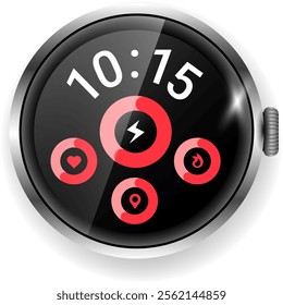 This vector illustration displays a smartwatch fitness interface featuring circular red icons for health metrics like heart rate, location, and calories
