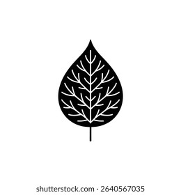 This vector illustration displays a stylized leaf icon in black and white, showing a simple stem and detailed vein structure against a white background.