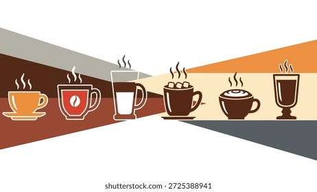 Esta ilustração vetorial exibe várias xícaras de café com aumento de vapor, definido contra um fundo de matizes marrom, cinza e laranja. A imagem apresenta um estilo de design plano, mostrando os copos com diferentes desenhos e conteúdos. Pode ser adequado para utilização em materiais promocionais ou conteúdos educativos.