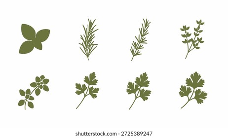 This vector illustration displays various green herbs in a flat style. The composition features diverse plant representations with simple shapes and a consistent color palette. Suitable for culinary, gardening, or health-related projects, it can be used for design or decorative purposes in different contexts.