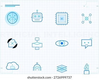 This vector illustration displays various elements related to artificial intelligence, including robots, microchips, and cloud technology.