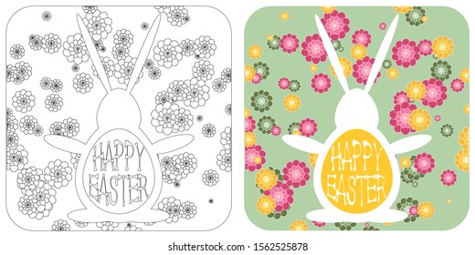 This is a vector illustration of an Easter Egg inside of Rabbit silhouette with a flowers on a white isolated background and a light green background in a colour and black-n-white variations.