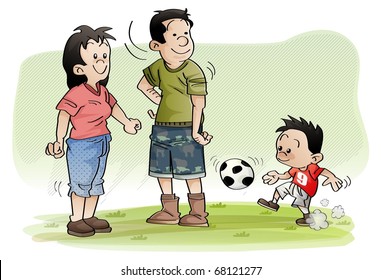 This is a vector illustration of a family playing in a park.