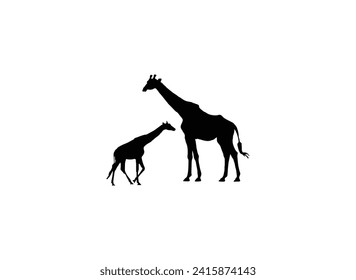 This vector illustration features 2 giraffe silhouettes in different poses on a white background.