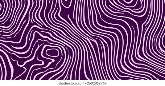 This vector illustration features abstract, wavy contour lines in light lavender on a deep purple background. Inspired by modern op art trends.
