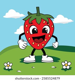 This vector illustration features adorable cartoon fruit characters strawberry, with big eyes and open mouths, expressing surprise or excitement. The vibrant colors and playful design make it perfect 