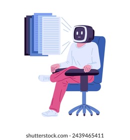 This vector illustration features an AI character immersed in reading digital documents, symbolizing the fusion of technology and knowledge.