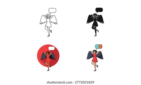 This vector illustration features an angel character in various stylistic representations, including outline, silhouette, and full color with icons representing communication and medicine. Ideal for concepts related to hope, healing, or divine intervention.