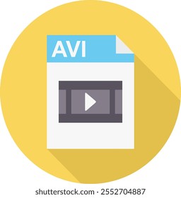 This vector illustration features an AVI file icon in a sleek flat design. Perfect for digital media projects, video editing, and tech applications. Ideal for use in apps and user interfaces.