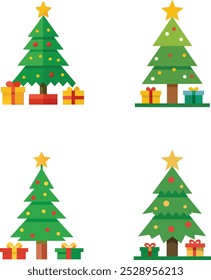 Esta Ilustración vectorial presenta un árbol de Navidad bellamente diseñado adornado con adornos coloridos y rematado con una estrella brillante, acompañado de una caja de regalo cuidadosamente envuelta. 