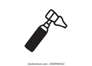 This vector illustration features a black and white icon of an otoscope, a medical instrument used by doctors to examine the ears during check-ups.