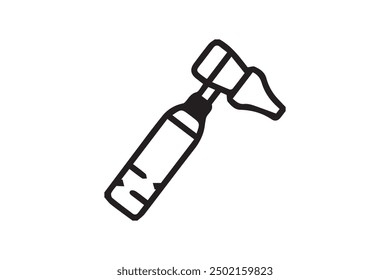 This vector illustration features a black and white icon of an otoscope, a medical instrument used by doctors to examine the ears during check-ups.